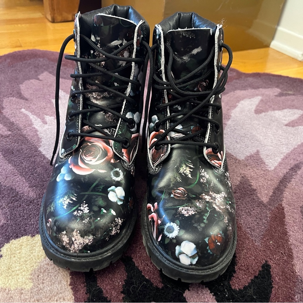 Black leather Combat Moto Boots with Floral Design